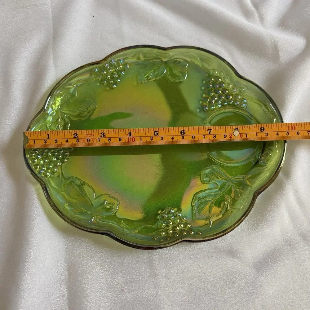 Vtg Indiana Glass Lime Green Carnival Glass Harvest Grape 6 Pc Snack Set 4 Plt 2